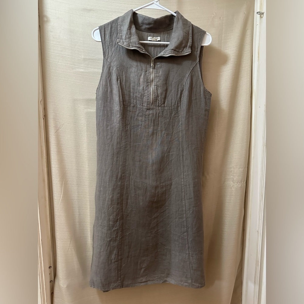 Lina Tomei Made in Italy 100% Linen Grey Zip Neck Dress Size M Minimalist